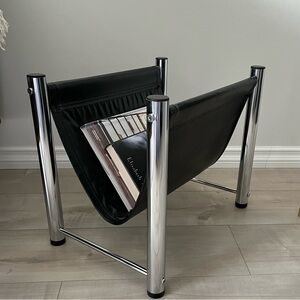 Modern Chrome & Black Vinyl Magazine Rack/MCM Style